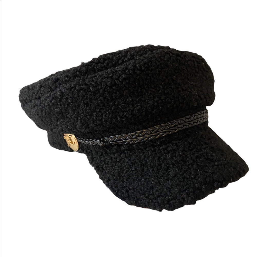 Juicy Couture Black Sherpa Teddy Newsboy Baker Boy Cap Gold Button OS